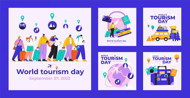 세계 관광의 날 축하를 위한 플랫 인스타그램 게시물 컬렉션