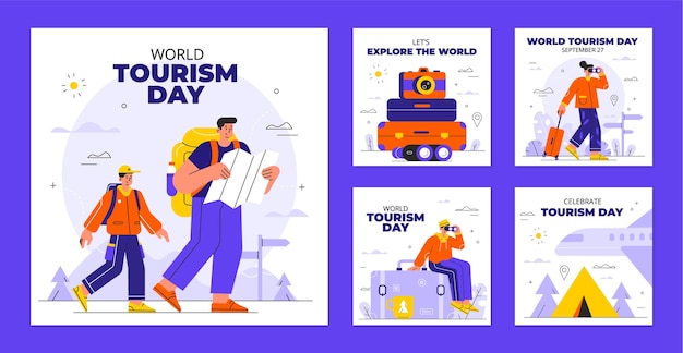 Free vector flat instagram posts collection for world tourism day celebration