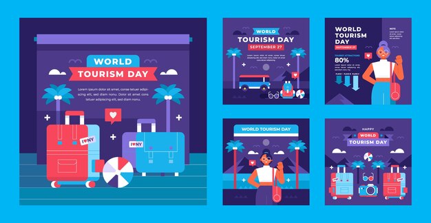 世界観光の日のお祝いのためのフラットなInstagramの投稿コレクション