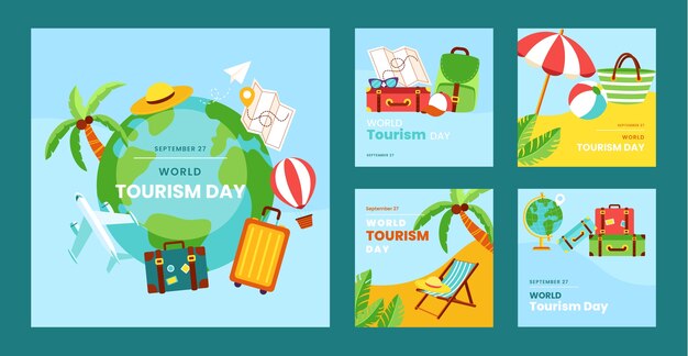 Flat instagram posts collection for world tourism day celebration