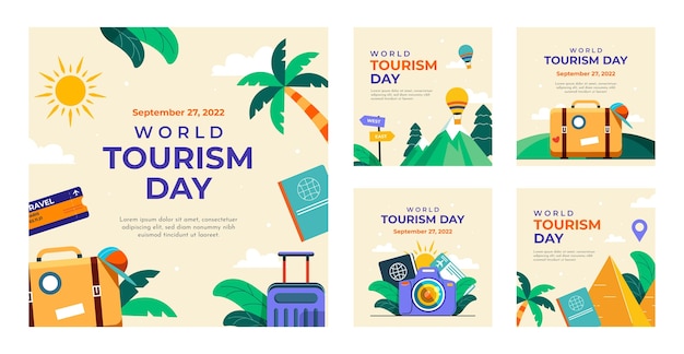 Flat instagram posts collection for world tourism day celebration