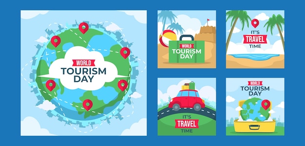 Flat instagram posts collection for world tourism day celebration