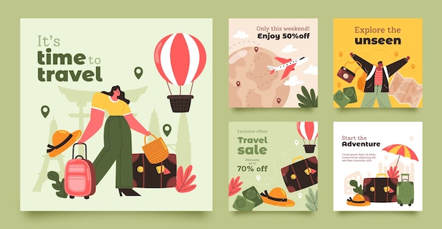 Free vector flat instagram posts collection for world tourism day celebration