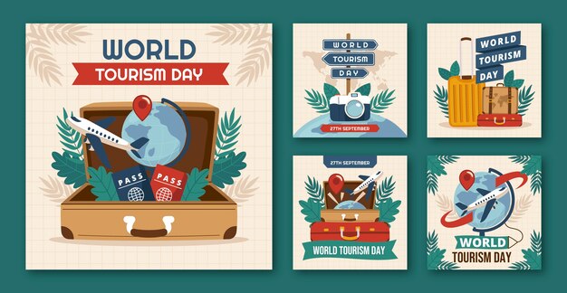 Free vector flat instagram posts collection for world tourism day celebration