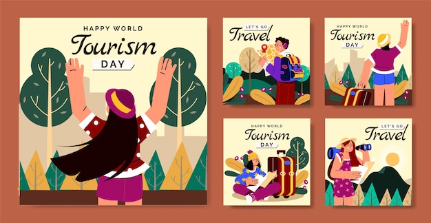 Плоская коллекция постов в instagram для празднования всемирного дня туризма