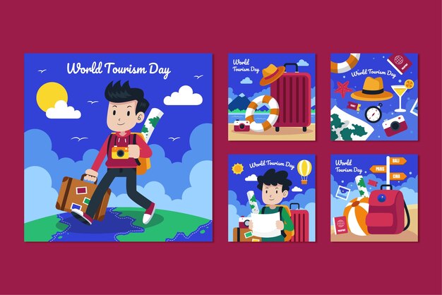 Flat instagram posts collection for world tourism day celebration