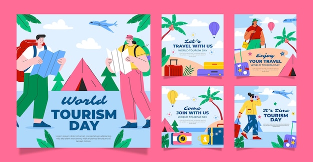 Collezione di post flat su instagram per la celebrazione della giornata mondiale del turismo