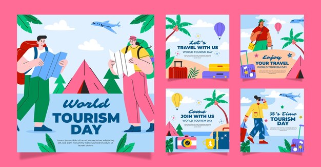 세계 관광의 날을 기념하기 위한 평평한 인스타그램 포스트 컬렉션