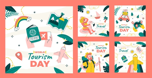 Flat instagram posts collection for world tourism day celebration