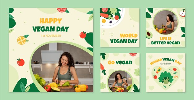 Flat instagram posts collection for world vegan day celebration