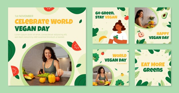 Flat instagram posts collection for world vegan day celebration