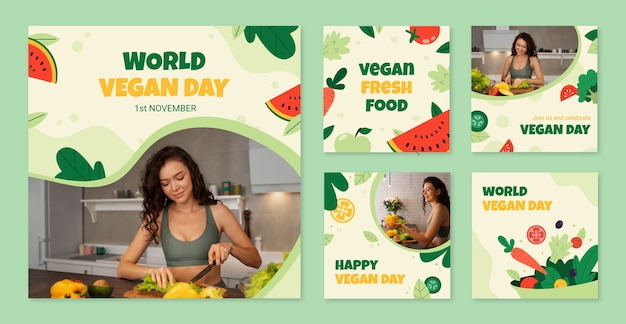 Free vector flat instagram posts collection for world vegan day celebration