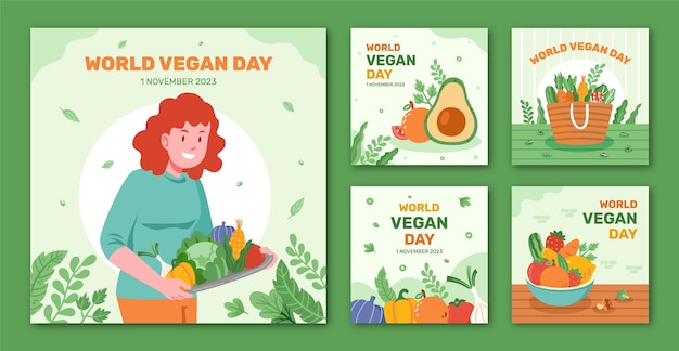 Flat instagram posts collection for world vegan day celebration