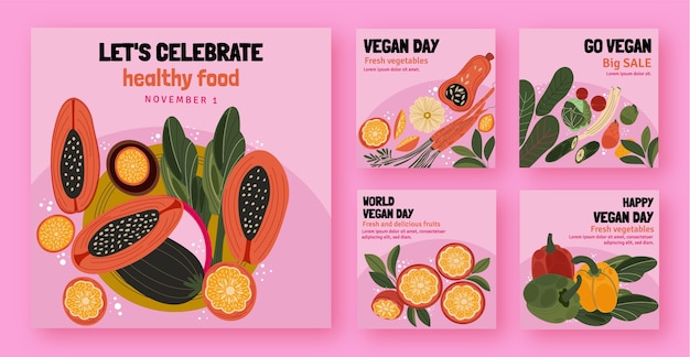 Free vector flat instagram posts collection for world vegan day celebration