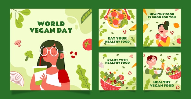 Free vector flat instagram posts collection for world vegan day event