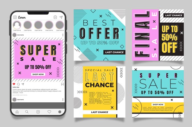無料ベクター フラットインスタグラムセール投稿コレクション