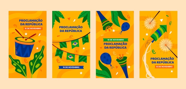 Vettore gratuito raccolta di storie piatte di instagram per la proclamazione della repubblica brasiliana