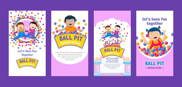 Vettore gratuito collezione di storie di instagram piatte per giochi di pit ball per bambini