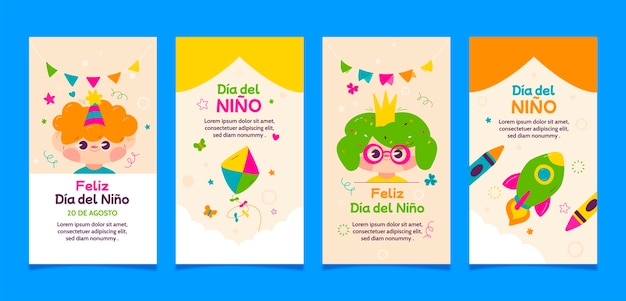 Free vector flat instagram stories collection for children's day celebration in spanish