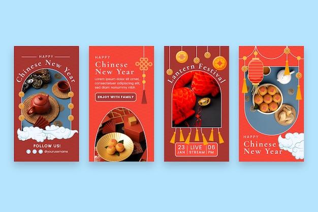 Flat instagram stories collection for chinese new year celebration