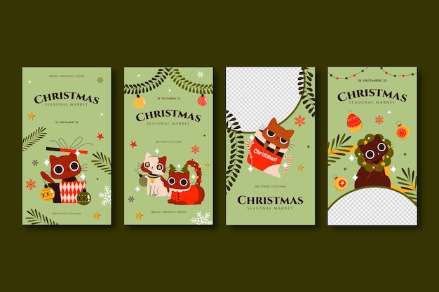 Free vector flat instagram stories collection for christmas market with cats