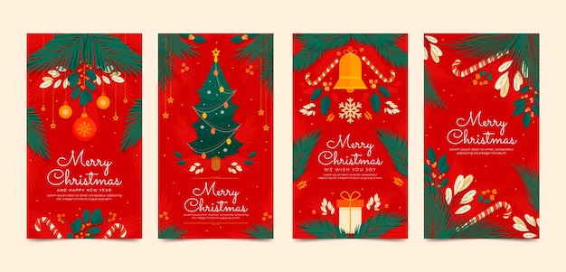 装飾品やキャンディケインを使ったクリスマスシーズン用のフラットなインスタグラムストーリーコレクション