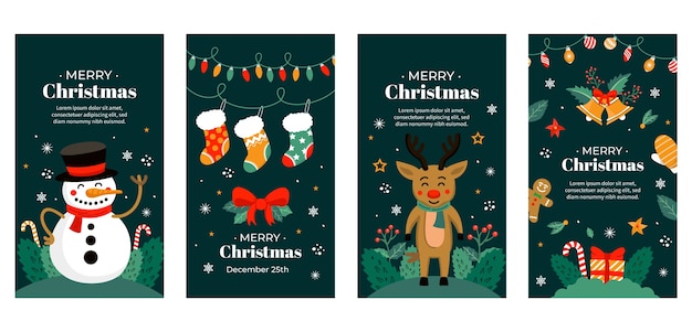 Flat instagram stories collection for christmas season with snowman and reindeer