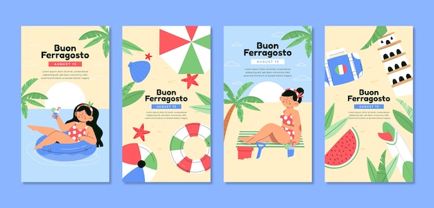 Коллекция плоских историй instagram для празднования феррагосто