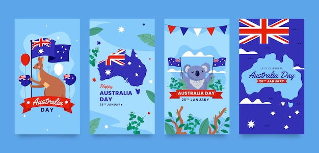 Бесплатное векторное изображение Коллекция flat instagram stories для празднования австралийского национального дня