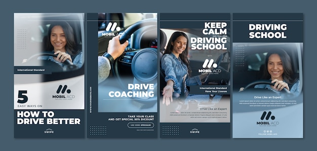無料ベクター 自動車教習所のためのフラットなinstagramストーリーコレクション
