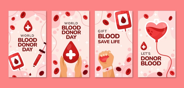 Бесплатное векторное изображение Коллекция плоских историй instagram для осведомленности о всемирном дне донора крови