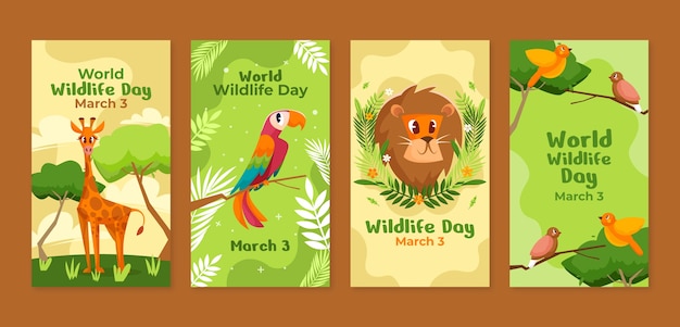 무료 벡터 동식물과 함께하는 세계 야생 동물의 날을 위한 플랫 인스타그램 스토리 모음