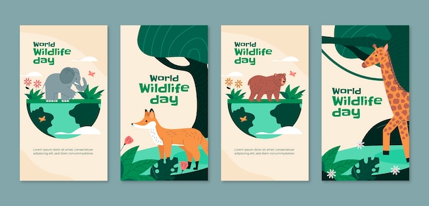 Бесплатное векторное изображение Коллекция плоских историй instagram ко всемирному дню дикой природы с флорой и фауной