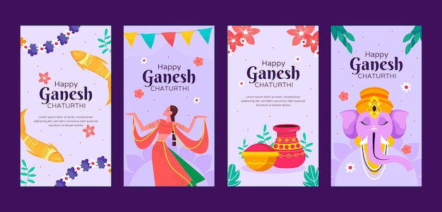 Vettore gratuito raccolta di storie di instagram piatte per la celebrazione di ganesh chaturthi