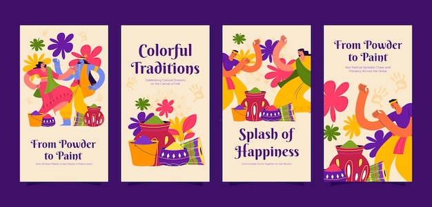 Free vector flat instagram stories collection for holi festival celebration