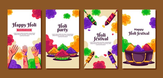 Flat instagram stories collection for holi festival celebration
