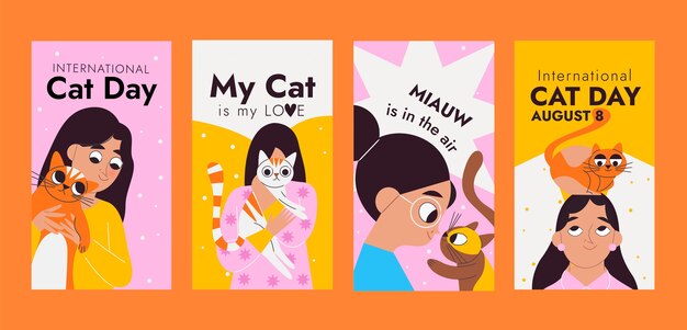 Коллекция плоских историй instagram для празднования международного дня кошек