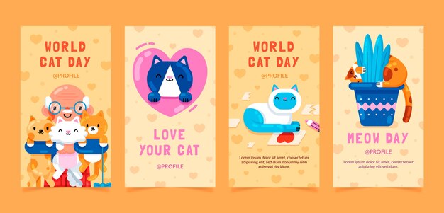 Flat instagram stories collection for international cat day celebration