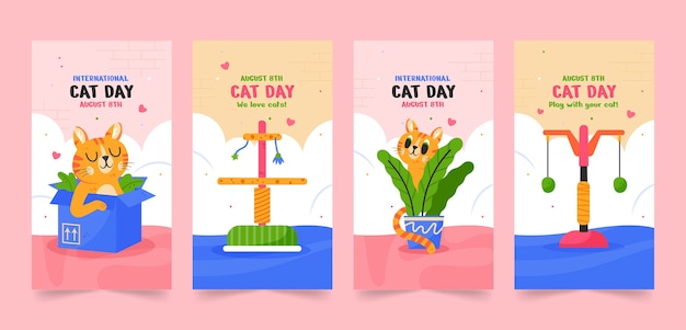 Коллекция плоских историй instagram для празднования международного дня кошек