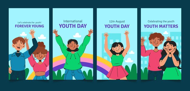 국제 청소년의 날 축하를 위한 플랫 인스타그램 스토리 모음