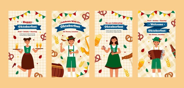 Vettore gratuito raccolta di storie piatte di instagram per la celebrazione del festival della birra dell'oktoberfest