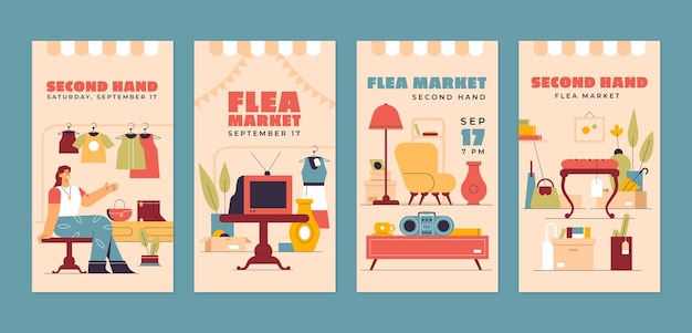 Free vector flat instagram stories collection for second-hand flea market event