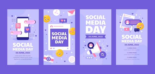 소셜 미디어의 날 축하를 위한 플랫 인스타그램 스토리 모음