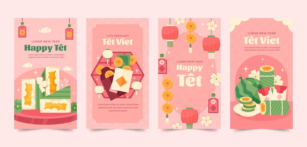 Flat instagram stories collection for tet new year celebration
