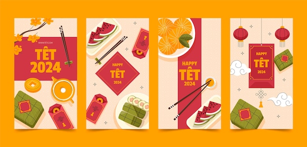 Flat instagram stories collection for tet new year celebration