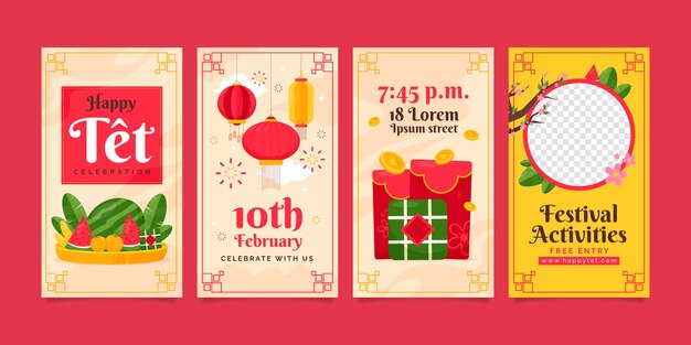 Flat instagram stories collection for tet new year celebration