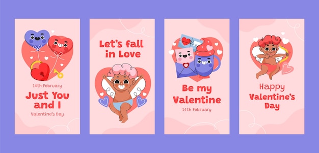 Плоская коллекция инстаграм-историй для празднования дня святого Валентина