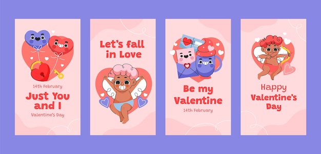 Vettore gratuito collezione di storie flat di instagram per la celebrazione del giorno di san valentino