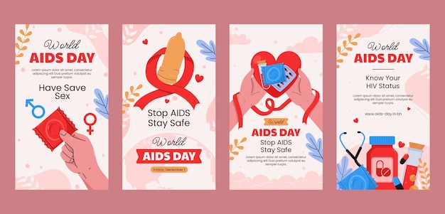 Vettore gratuito raccolta di storie piatte su instagram per la consapevolezza della giornata mondiale contro l'aids