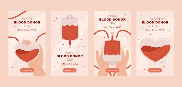 Raccolta di storie di instagram piatte per la consapevolezza della giornata mondiale dei donatori di sangue